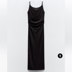 Zara Black Long dress with round neck and spaghetti straps. Side ruched Size L